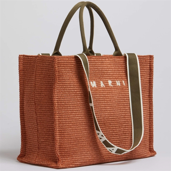 Marni Large Raffia Tote Bag, Brick/Olive 